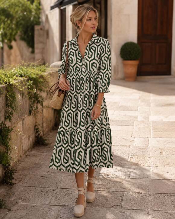 Zara Dresses & Skirts - Zara Geometric Print Tiered Midi Shirt Dress